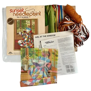 Started Sunset Designs Needlepoint Girl at the Window 6695 Vintage 1979 Cat Book - Picture 1 of 10