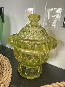 Bakewell Vaseline Glass Covered Sugar/Candy Bowl C.1900 - Picture 1 of 10