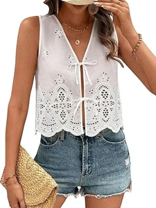 Damen-Tanktop mit Bindeband Vorne, Florale Ösenstickerei, Ärmellos, V-Aussc6112 - Bild 1 von 6