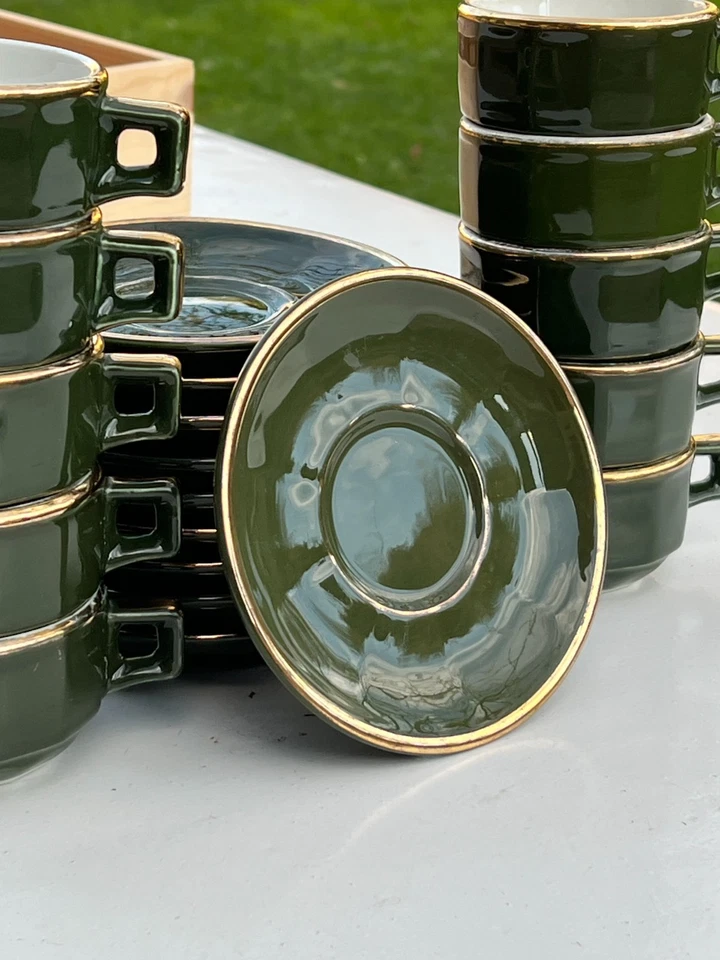 10 tasses à café bistrot vintage ,vert et or Massimot Lyon( Apilco,Deshoulieres. - Photo 1/4