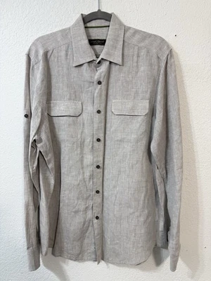 Camisa masculina Joseph Abboud Collection manga longa linho cinza botão para cima tamanho G - Imagem 1 de 4