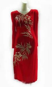 Abito a tunica lunga vintage velluto rosso fiori argento sera Ao Dai Trang XS D857 - Foto 1 di 10