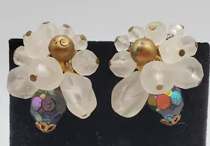 Vintage W Germany Clip Earrings Cluster Pin Top Frosted Art Glass Beads Crystals - Picture 1 of 11