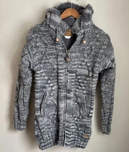 Laundromat Sweater Coat Medium 100% Wool Gray Hooded Fleece Lining Cable Nepal - Picture 1 of 10