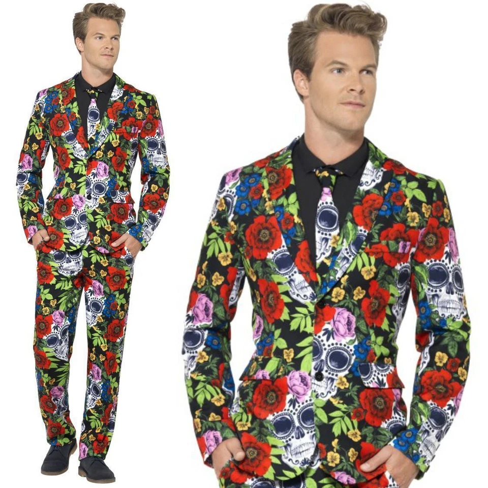 Mens Day Of The Dead Skull Stand Out Suit Halloween Fancy Dress Costume M-XL - Image 1 of 2