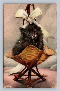 Vintage Black Kitten in Basket Postcard by Langsdorff & Co - Picture 1 of 2