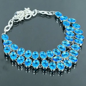 Faceted London Blue Topaz Oval Shape Gemstone Handmade Gift Jewelry Necklace 18" - Picture 1 of 9