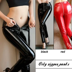 Womens Sexy Shiny Patent Leather Pants Wetlook Trousers Leggings Zipper Crotch - Picture 1 of 13