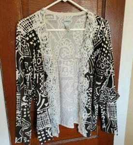CHICOS Women's 1 M 8 Brown Beige Silk Nylon Rayon Lace Trim Cardigan Sweater - Picture 1 of 5
