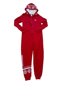 Victoria's Secret Pink One Piece Pajama - Sherpa Hooded Red Snowflake - Sz Small - Picture 1 of 7