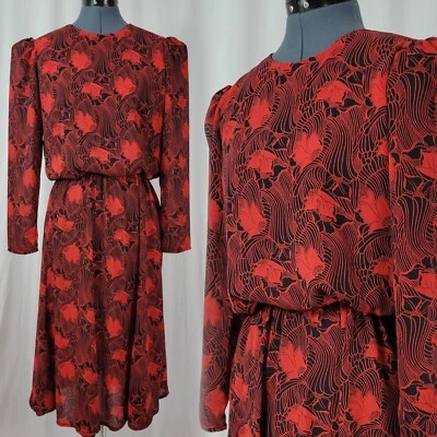Vestido Secretaria Blusa Floral Art Deco Negro y Rojo Artículos De Colección Talla 8 Foto 1 de 4