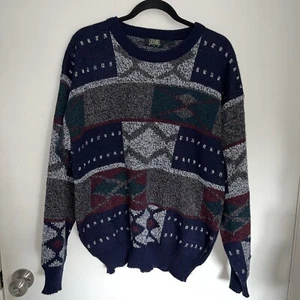 Stefano Vintage 80-90’s Geometric Abstract Knitted Crew Sweater Grandpacore Lg - Picture 1 of 8