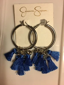 New Jessica Simpson Blue Tassel Hoop Dangle earrings silvertone  - Picture 1 of 3