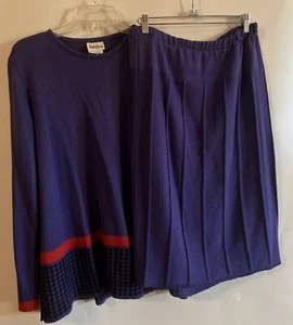 Ami Neiman Marcus Women Sz 18 Knit 2 Piece Blue Red Sweater and Skirt Pleats Bow - Picture 1 of 21