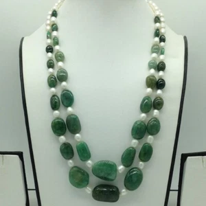 White Pearls Natural, Green Emerald Gemstone Necklace Certified 470ct Wedding - Picture 1 of 6