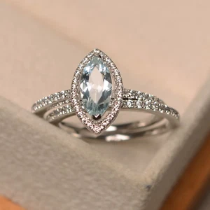 4Ct Marquise Lab-Created Aquamarine Engagement Ring Set 14K White Gold Plated - Picture 1 of 6