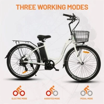 Hodo2Go's ECOTRIC 26" Unisex White Commuter Electric 7 Speed Bike w/ Basket - Image 1 of 4