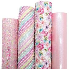 Pink Faux Leather Stripes Flower Printed Glitter Fabric Sheets For Bows 21x29cm