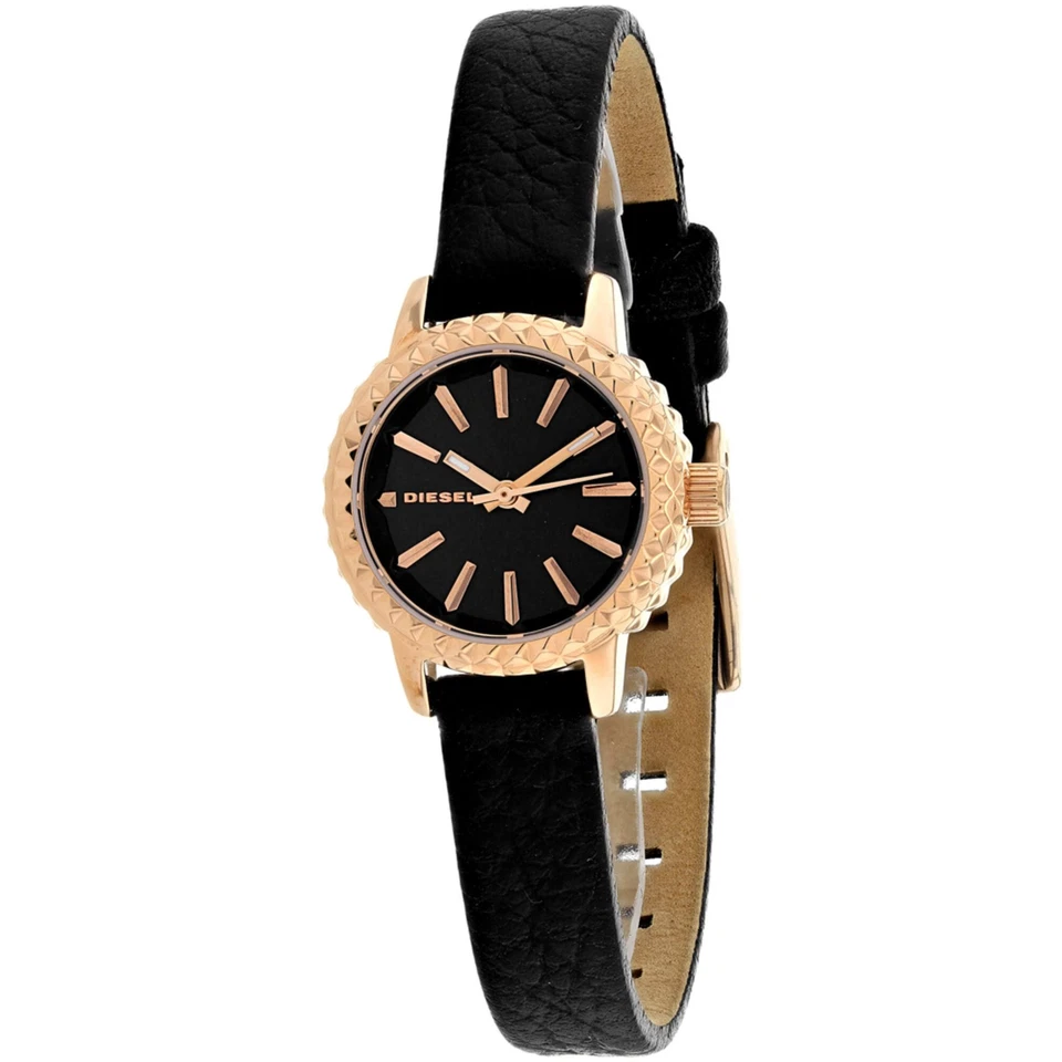 Reloj Diesel para mujer marco de tiempo caja de oro rosa esfera negra correa de cuero DZ5498 Foto 1 de 1