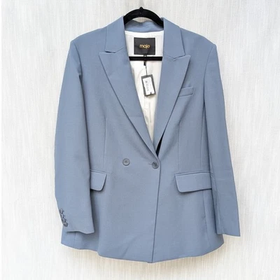 Nuevo con etiquetas Blazer Traje Maje Vayra Azul Mezcla Lana Doble Botonadura, Talla 40 Foto 1 de 4