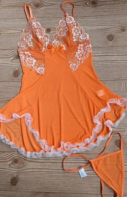Size M Orange Lingerie set. Lace Ruffled non-wired Plunging A-line Slip Dress - Image 1 of 3