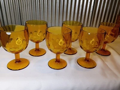 Glasses Set Of 6 Amber Gold Thumb Print Gobletts Barlett Collins 16oz Stemmed  - Image 1 of 4