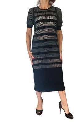 Sonia by Sonia Rykiel Knit Dress Black Striped Mesh Sheer Midi Short Sleeve M - Image 1 of 4