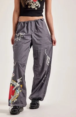 Ed Hardy LKS SKULL NYLON PARACHUTE PANTS Silver Wide Leg Size XL - Image 1 of 4