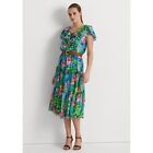 Lauren Ralph Lauren Women's Dress Sz 8 Floral Crkle Georgette Tiered Green