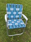 Vintage Webbed Aluminum Folding Lawn Chair White Blue Stripes