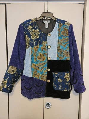 Винтажный 90-х золото вышитая лоскутное одеяло многоцветный индиго Moon куртка богемное 1 X - Изображение 1 из 4