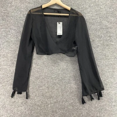 New Boohoo Cropped Top Women M Medium Black Sheer Long Sleeve V-Neck Casual - Image 1 of 4