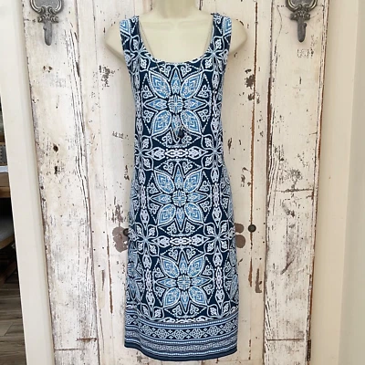 Vestido R&M Richards Talla 10 Para Mujer Azul Blanco Informal Carrera Fiesta Cuello Cadena  Foto 1 de 4