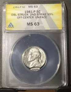 1981 Jefferson Nickel, Double Struck 95% Off Center, Uniface, ANACS MS 63 Error - Picture 1 of 4