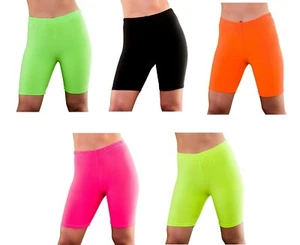 Adult Ladies Funky Festival Neon 80's Cycling Shorts Womens Fancy Dress - Picture 1 of 11