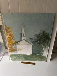 Vintage Oil Painting On Canvas Board White Church Landscape by Priscilla Harris - Picture 1 of 6