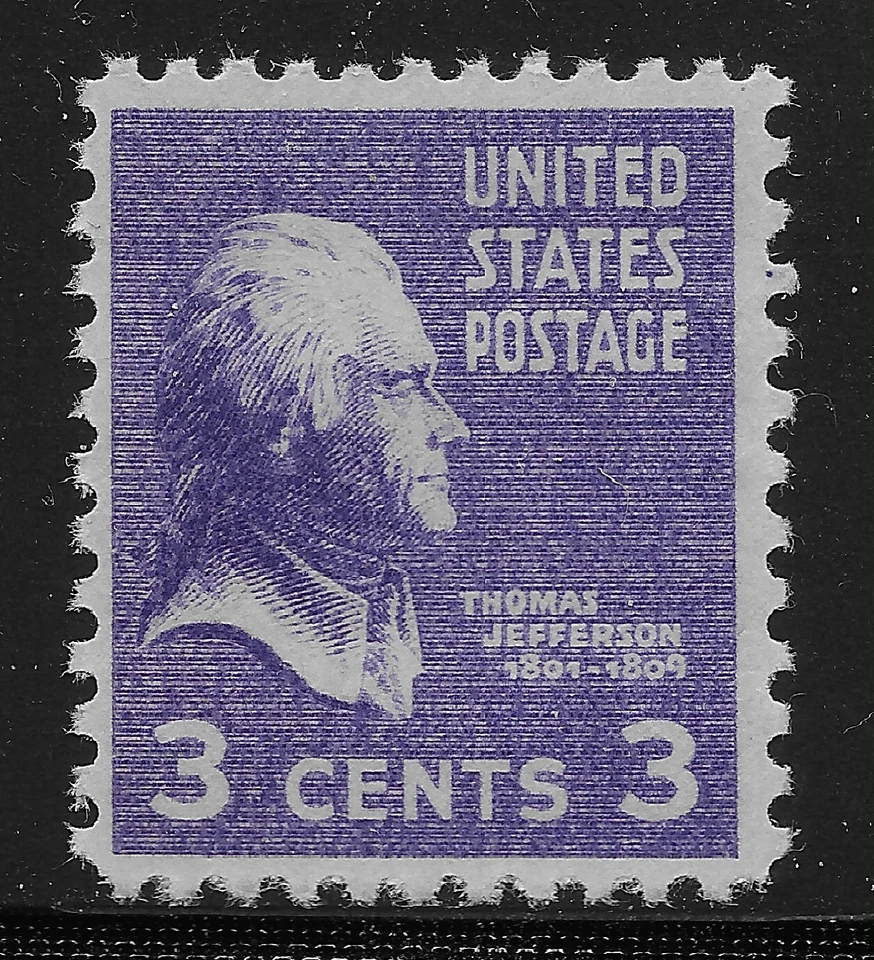 US Scott #807, Single 1938 Jefferson 3c FVF MNH - Image 1 of 1
