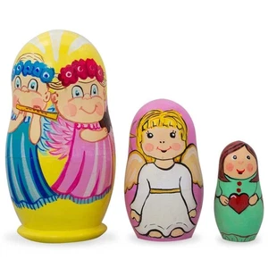 Set of 3 Guardian Angels with Flute, Heart Wooden Nesting Dolls 4.25 Inches - Picture 1 of 2
