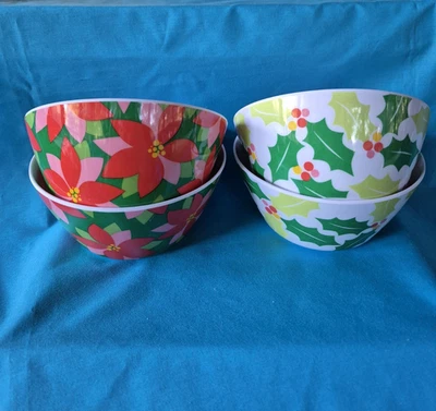 Conjunto de 4 tigelas de cereais de melamina azevinho Natal Poinsétia novo 6” - Imagem 1 de 4