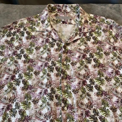 Neiman Marcus Shirt Mens XL Linen Tropical Leaf Print Hawaiian Camp Button Up - Image 1 of 4