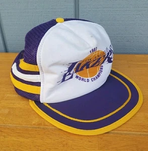Vintage LOS ANGELES LAKERS Hat 80s WORLD CHAMPIONS 1987 Trucker Purple Stripes - Picture 1 of 9