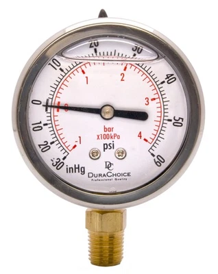 2-1/2" Oil Filled Pressure Gauge, SS Case, 1/4" NPT, Lower Mount, -30HG/60PSI - Image 1 of 4