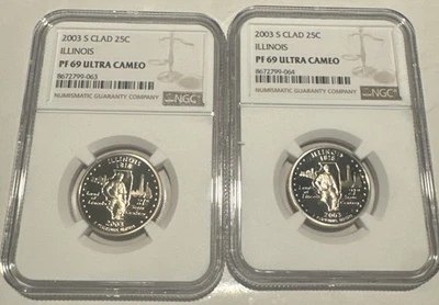 2003 S NGC PR69 Ultra Cameo Clad Illinois  25c PF-69 UCAM- TWO COINS - Image 1 of 2