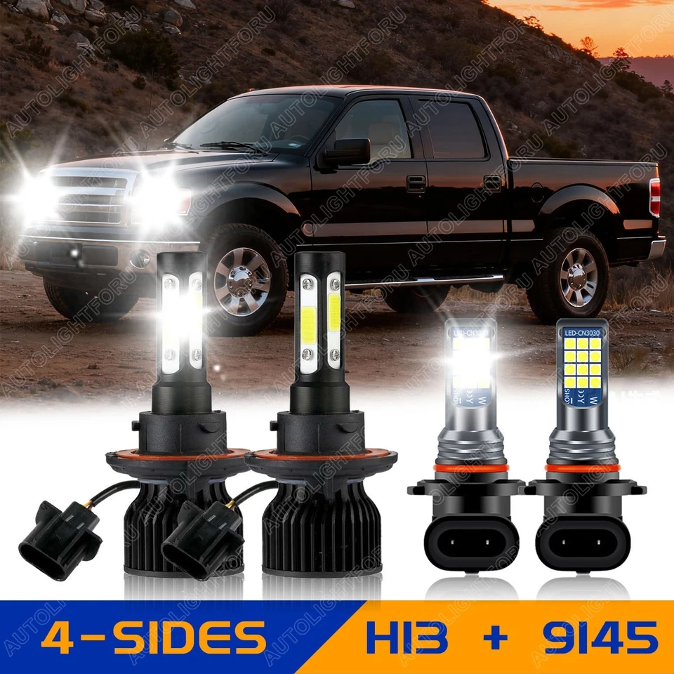 For Ford F 150 2004-2014 10000K LED Headlight Hi/Lo + Fog Light Bulbs Combo 4x - Image 1 of 4