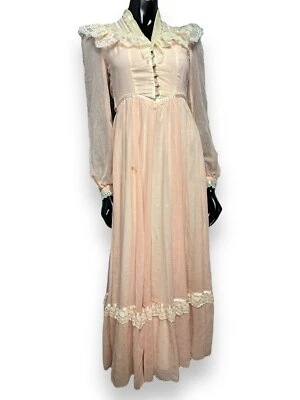 Vtg Gunne Sax Romantic Dress Peach Sheer Renaissance Bridal Cottagecore Sz 3 - Image 1 of 4