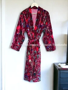 Luxury Velvet Fringe Jacket Coat Kimono Red Bird Printed Kimono Long Robe - Picture 1 of 6
