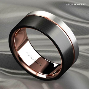 ATOP Tungsten Carbide Plated Metal Men's Ring Rose Gold Black Wedding Band Gift - Picture 1 of 8