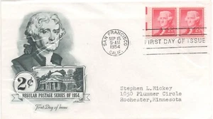September 15 1954 USPS FDC 2 Cent Jefferson Stamp Vintage - Picture 1 of 1