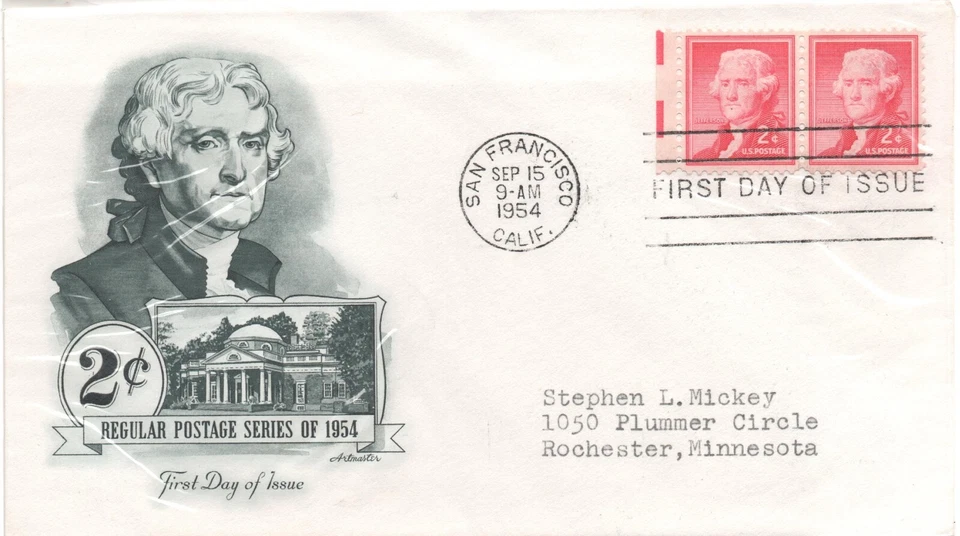 September 15 1954 USPS FDC 2 Cent Jefferson Stamp Vintage - Image 1 of 1