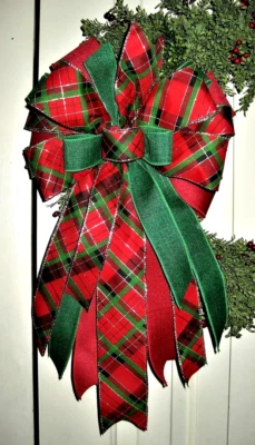 10 " PLAID WIRED BOW for DOOR WREATH SWAG GARLAND MAIL BOX FENCE POST # 126 rb - Image 1 of 3